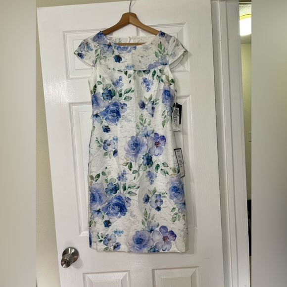 Adrianna Papell Printed Lace Back-Cutout Dress Ivory Blue - Picture 2 of 6